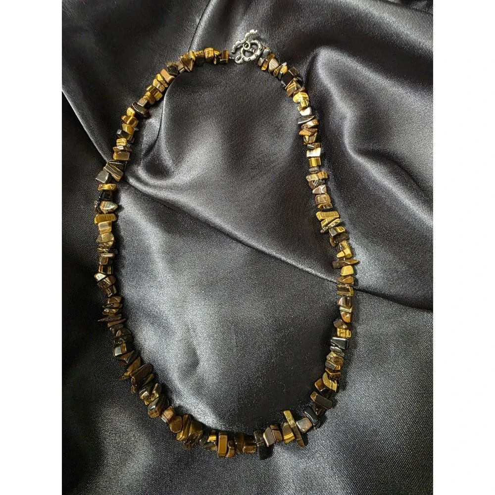 Tiger's Eye Chips Beaded Necklace W/ Silver Toned Clasp 20in